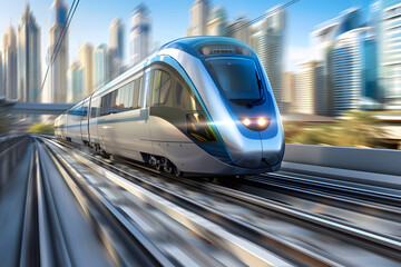 Fototapeta premium A futuristic technological train driving around the city