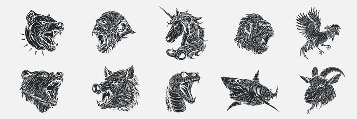 Dog, monkey, unicorn, rooster, bear, boar, snake, shark, goat in hand drawn sketch style. Monochrome silhouette animals for tattoo, print, branding. Vector illustration. © vvvisual