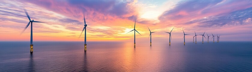 Coastal wind farm during a pastel twilight, animated clouds and softly turning turbines, a tranquil and sustainable energy landscape