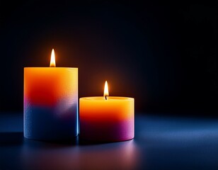 Two burning brightly candles in the dark shadow, space for text romantic colorful concept background