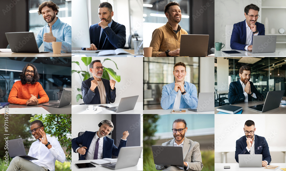 Poster a diverse group of professionals is seen engaging in virtual meetings, showcasing different expressi