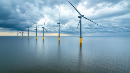 Panoramic view of a coastal wind farm, turbines aligned in the ocean, with a cloudy sky reflecting on the water, Renewable energy, Sustainable energy in serene setting