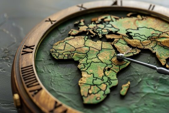 Clock face showing world map highlighting continents and countries