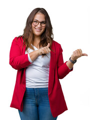 Beautiful plus size young business woman wearing elegant jacket and glasses over isolated background Pointing to the back behind with hand and thumbs up, smiling confident