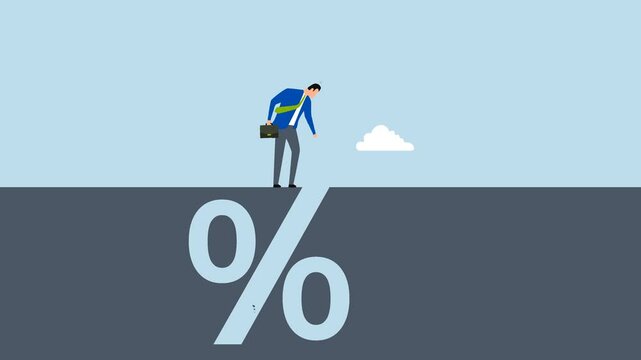 Financial pitfall, 4k animation of Cautious entrepreneur examining the bottomless pit of banking interest rates.