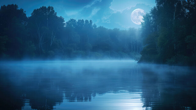 Misty lake scene with full moon reflection in a forest
