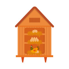 vector 3 level chicken coop made of wood, there is a mother hen and her eggs.  © RF Arms