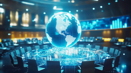World globe hologram in a business meeting room background. Business, and technology concept with blue, glowing planet earth. Global network and communication.