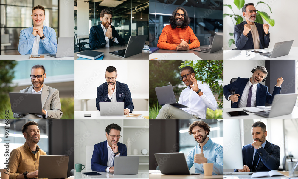 Poster men are actively participating in online meetings within a contemporary office setting. each individ