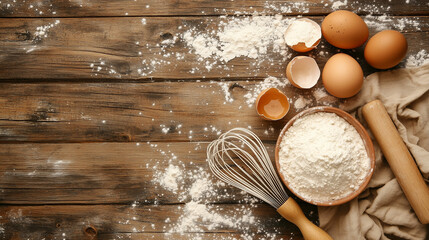 Flatlay of baking ingredients including flour, eggs, and whisk on rustic wooden table