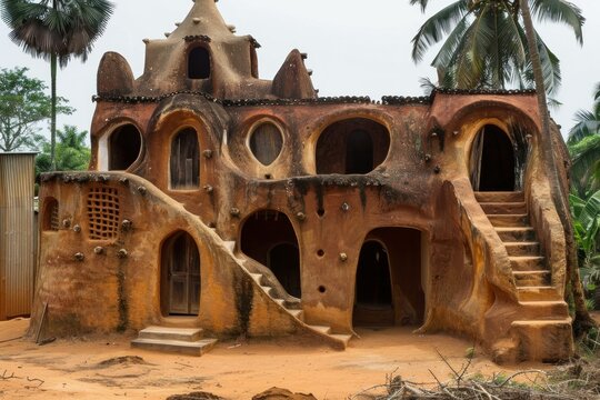 Traditional african house made of clay with multiple rooms and levels in a tropical environment