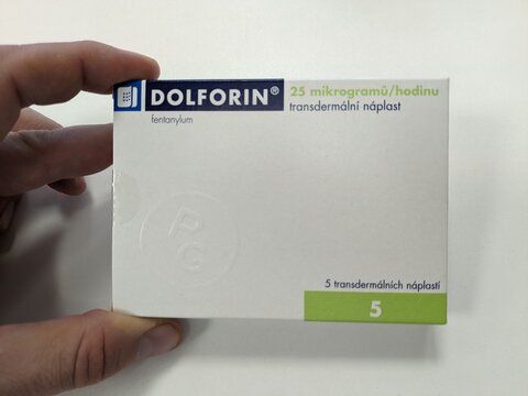 Prague, Czech Republic - SEPTEMBER 13 2024: DOLFORIN box of medication with FENTANYL 25 mcgh active substance by EGIS, used for treatment of severe pain management.

