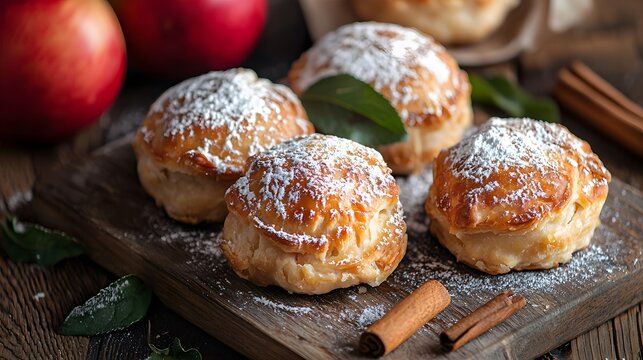 Autumn traditional apple dumplings on wooden tray with cinnamon sticks, whole apples and green leaves around. Stuffed pies with seasonal fruits. Sweet puff pastry dessert sprinkled with powdered sugar