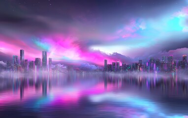 Fototapeta premium A digital artwork using chrome effects to depict a futuristic city skyline under a neon-lit sky