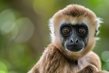 Fototapeta premium Young monkey with a brown and white coat sitting in the jungle looking curious