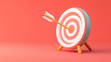 A dart hitting the center of a colorful target on a vibrant background representing success and goals, 3d illustration.