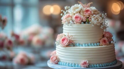 Elegant Wedding Cake Adorned With Roses and Delicate Decorations in a Stylish Event Venue