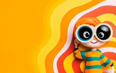 Fototapeta premium A groovy cartoon character with big, expressive eyes and a funky outfit, set against a vibrant, psychedelic background