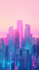 Fototapeta premium Neon pink and blue futuristic city skyline with tall skyscrapers. The abstract urban landscape features a sci-fi aesthetic with glowing lines and vibrant colors.