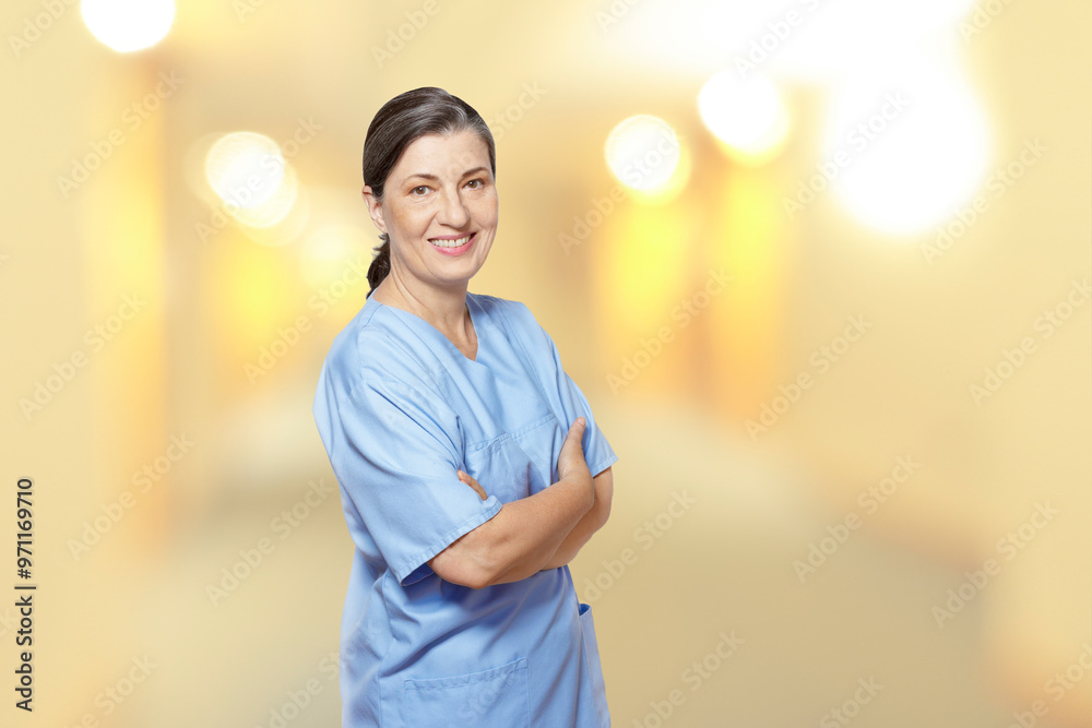 Wall mural friendly smiling mature nurse in a blue scrub, against a blurred light yellow interior background, c