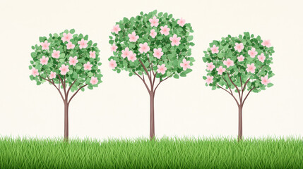 Three beautiful flowering trees with pink blossoms and lush green leaves standing in a row on a vibrant green grassy field against a plain background.