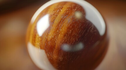 Polished Snooker Cue and Ball in Extreme Close-up with Reflective Wood Texture