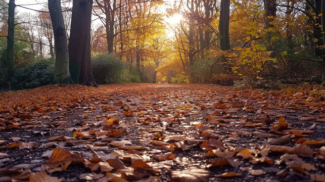 Forest path covered with fallen autumn leaves sunset