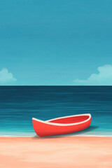 Naklejka premium A serene beach scene featuring a single red boat on golden sand, calm blue ocean waves, and a clear sky with few clouds, perfect for travel and relaxation themes.