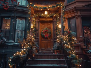 Fototapeta premium Elegant Brownstone with Sophisticated Christmas Decor and Fairy Lights