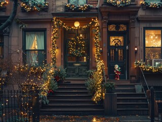 Obraz premium Elegant Brownstone with Sophisticated Christmas Decor and Fairy Lights