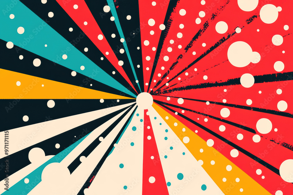 Poster vibrant abstract background with radial rays and scattered circles in retro pop-art style, featuring