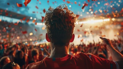 Excited fan celebrating at a lively stadium during a vibrant evening sports event with colorful confetti in the air. Generative AI