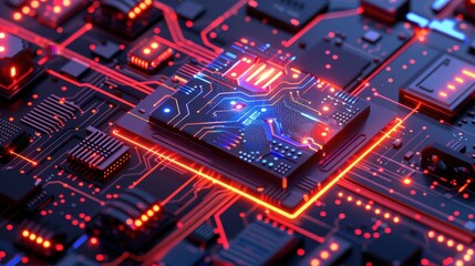 Obraz premium Close-up view of a glowing circuit board with intricate designs and vibrant lights showcasing technology in a dark environment. Generative AI