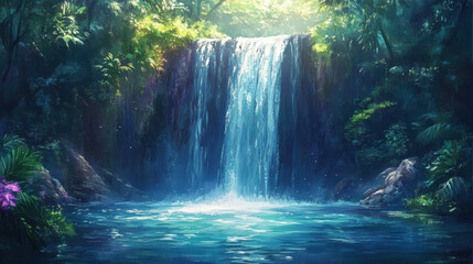 Serene waterfall in a lush forest with sunlight streaming through the trees, creating a tranquil and refreshing ambiance in nature.
