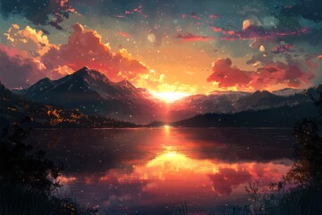 Breathtaking Mountain Sunset Reflected in a Calm Lake