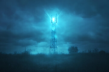 A ghostly and transparent 5G tower spirit with an ethereal presence, radiating a mystical glow