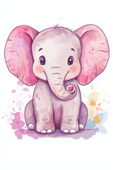 Fototapeta premium Cute watercolor elephant illustration with pink ears and colorful splashes, perfect for children's books, nursery decor, and playful designs.