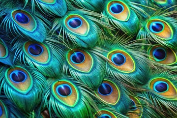 Vibrant iridescent feathers showcasing a mesmerizing display of blues and greens, exemplifying the stunning color palette reminiscent of a peacock's majestic plumage.
