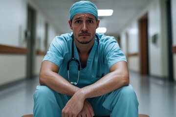 A doctor in scrubs sits in a hospital hallway, looking concerned. His posture and expression emphasize care, dedication, and the gravity of healthcare work.
