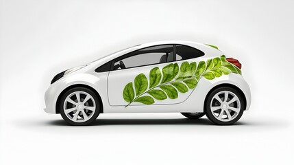 Fototapeta premium Compact Electric Vehicle with Nature-Inspired Leaf Design on White Background
