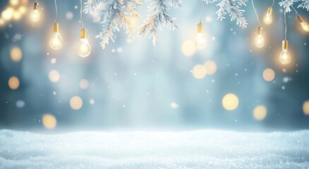 A blurred background of an empty snowy winter scene with hanging lights and snowflakes