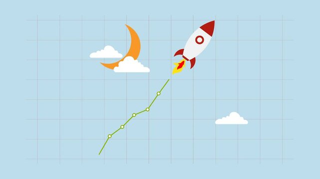 Trading crypto price rising high to the moon, 4k animation of The rocketing stock or crypto currency graph is soaring towards the moon.