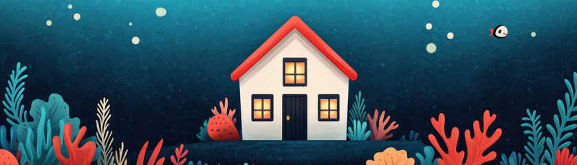 Whimsical underwater scene with a cozy house surrounded by vibrant coral and marine life, perfect for fantasy themes and imaginative storytelling.