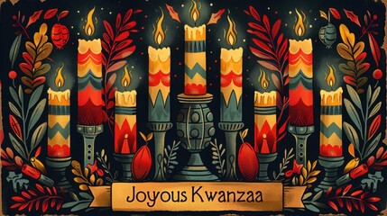 Fototapeta premium Vibrant Kwanzaa Celebration with Kinara, African Patterns, and Harvest Fruits