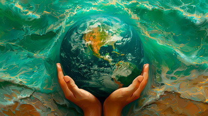 hands holding a planet Earth with ocean texture, clean lines, World Oceans Day