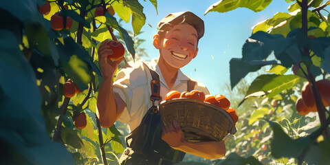 A sailor returning to his family's farm, holding a basket of freshly picked apples and smiling at the camera.