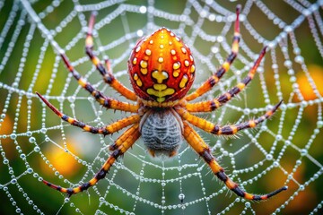 Vibrant marbled orb weaver spider perches in the center of its intricate, dew-kissed web, showcasing its striking orange and yellow striated abdomen.