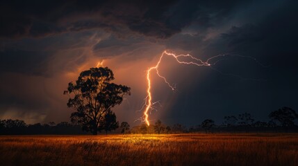 Lightning Strike Over Field at Night