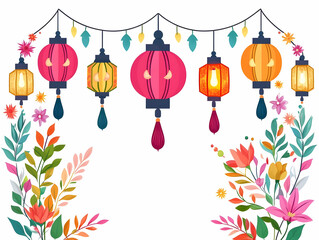 Flat Vector Illustration of Diwali Lanterns and Floral Torans Border Frame with Joyful Wording and Generous Copy Space for Festive Messages