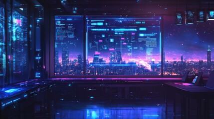 Obraz premium Futuristic cityscape with digital interface and vibrant neon lights.